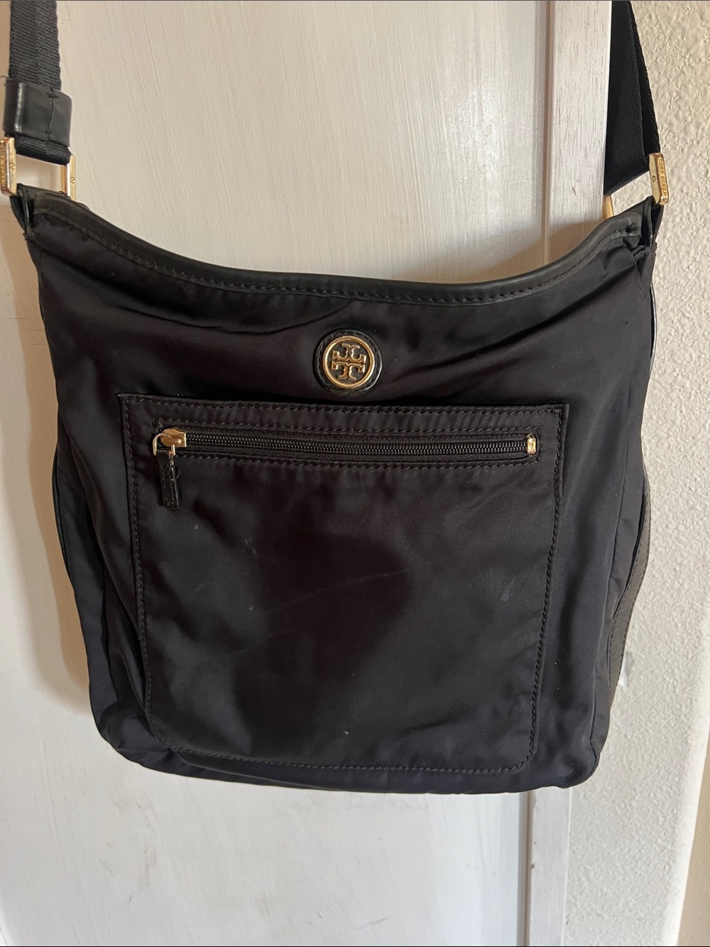 Tory Burch Black Nylon Crossbody with Gold Logo Accent